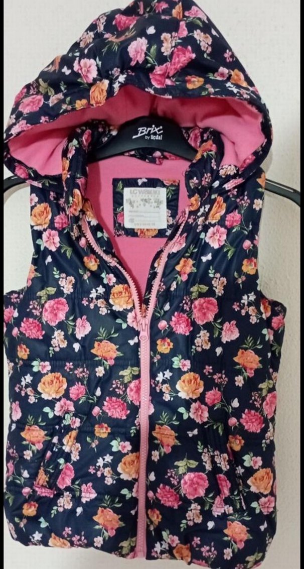 Çiçek Desenli Kız Çocuk Kapüşonlu Yelek - Görsel 3