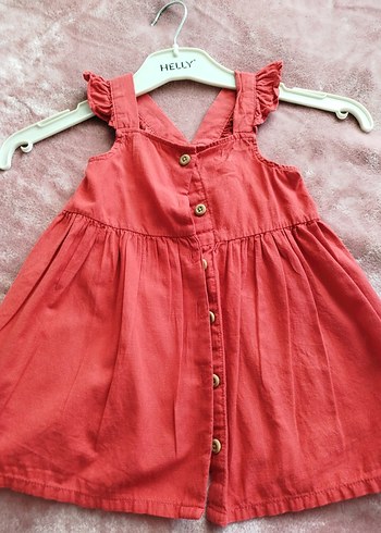 H&M Kız Çocuk Kırmızı Keten Düğmeli Elbise