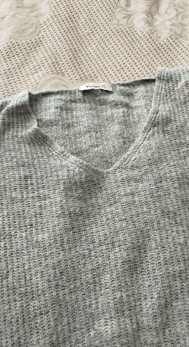 Gri Örgü  V yaka Kadın Kazak - Görsel 4