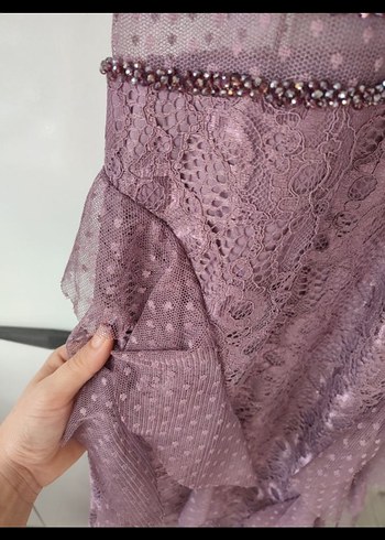 Dantel Detaylı Mor uzun Nişan Elbisesi - Görsel 8
