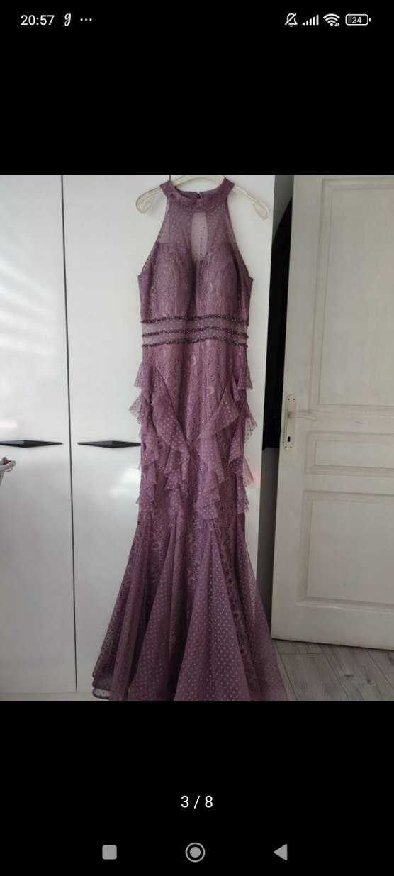 Dantel Detaylı Mor uzun Nişan Elbisesi - Görsel 3