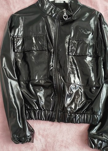Kadın Parlak Siyah Deri Ceket - Görsel 2