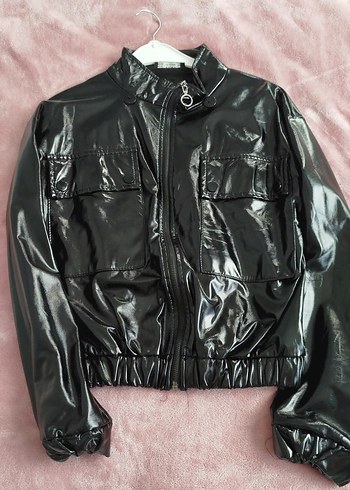 Kadın Parlak Siyah Deri Ceket - Görsel 3