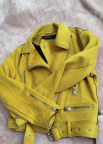 Sarı Süet Mini Kadın Deri Ceket - Görsel 2