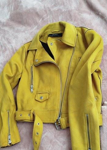 Sarı Süet Mini Kadın Deri Ceket - Görsel 3