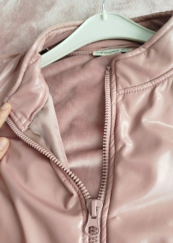 Pembe Deri Mini Fermuarlı Kadın Ceket - Görsel 4