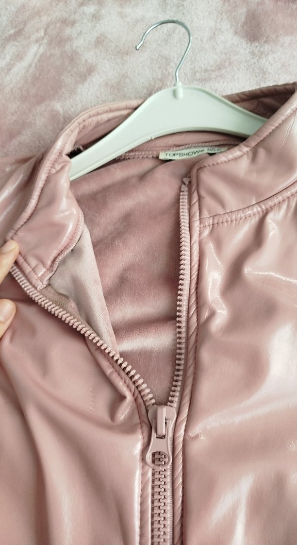 Pembe Deri Mini Fermuarlı Kadın Ceket - Görsel 4