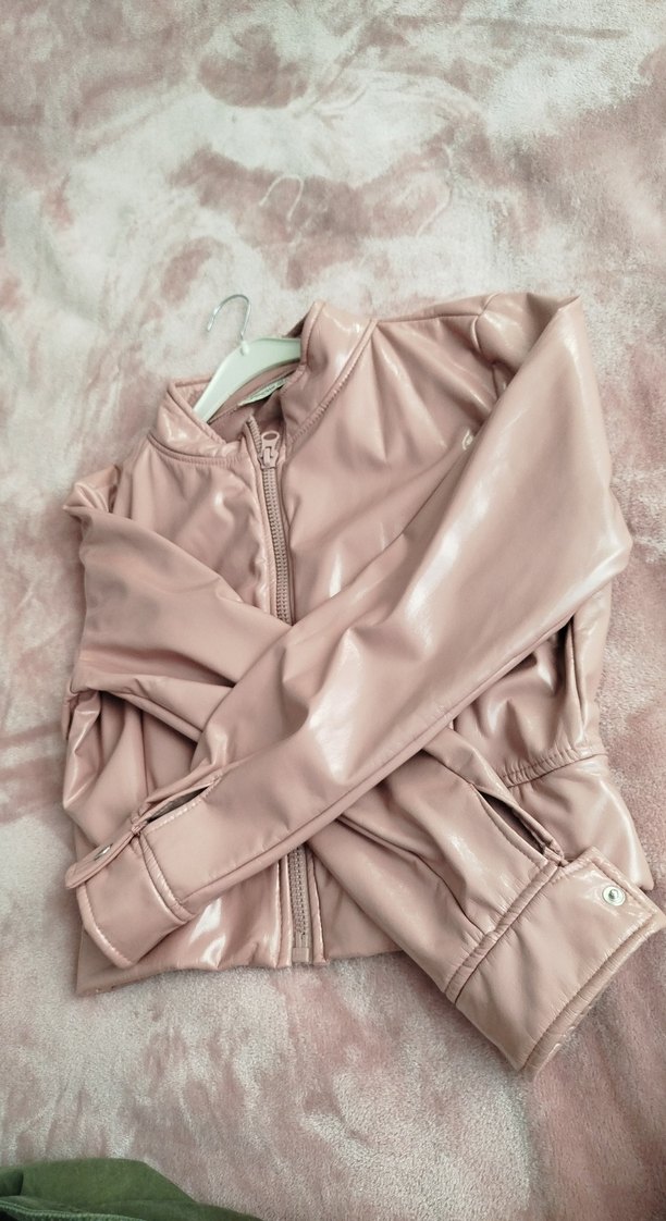 Pembe Deri Mini Fermuarlı Kadın Ceket - Görsel 3