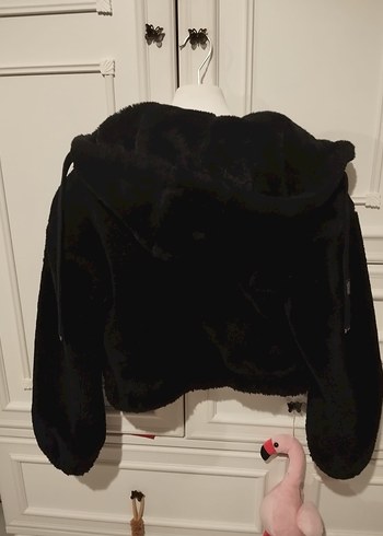 Kapüşonlu Siyah Kadın Peluş Ceket - Görsel 2