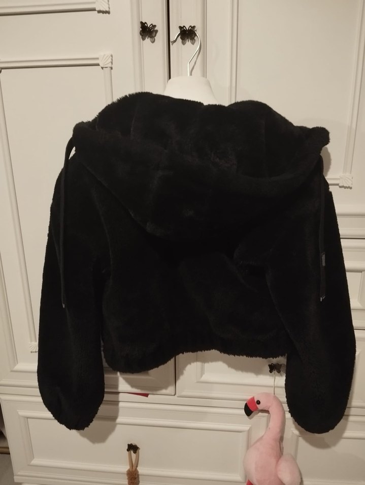 Kapüşonlu Siyah Kadın Peluş Ceket - Görsel 2