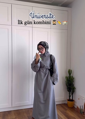 universal Beden kahverengi Renk Gri Uzun Kollu Kemerli Salaş Elbise
