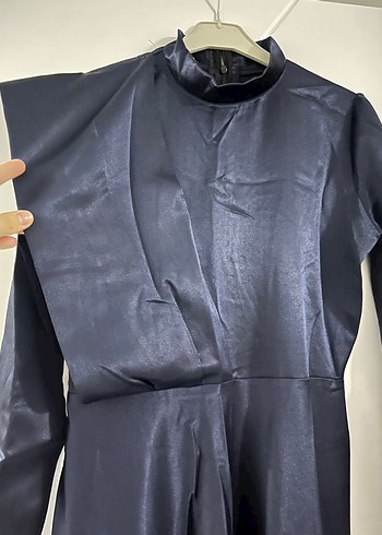 Lacivert Uzun Drapeli Kadın Elbise - Görsel 2