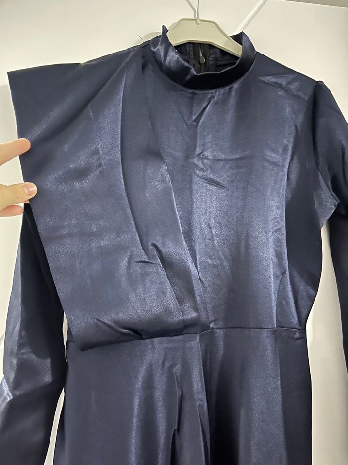 Lacivert Uzun Drapeli Kadın Elbise - Görsel 2