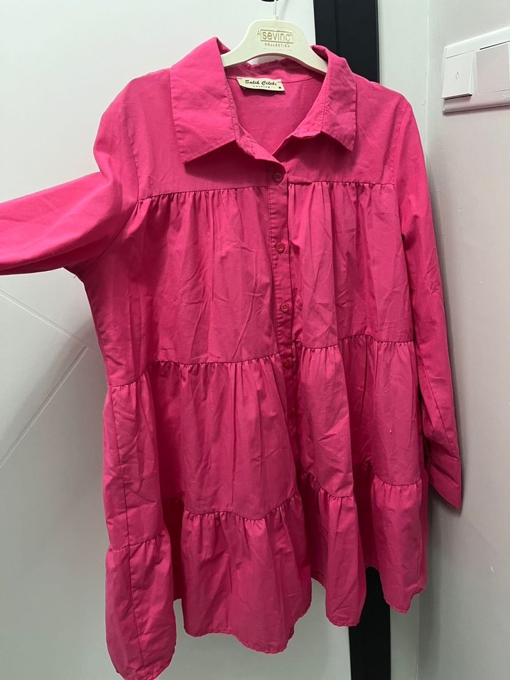 Pembe Uzun Kollu Fırfırlı Kadın Tunik - Görsel 3