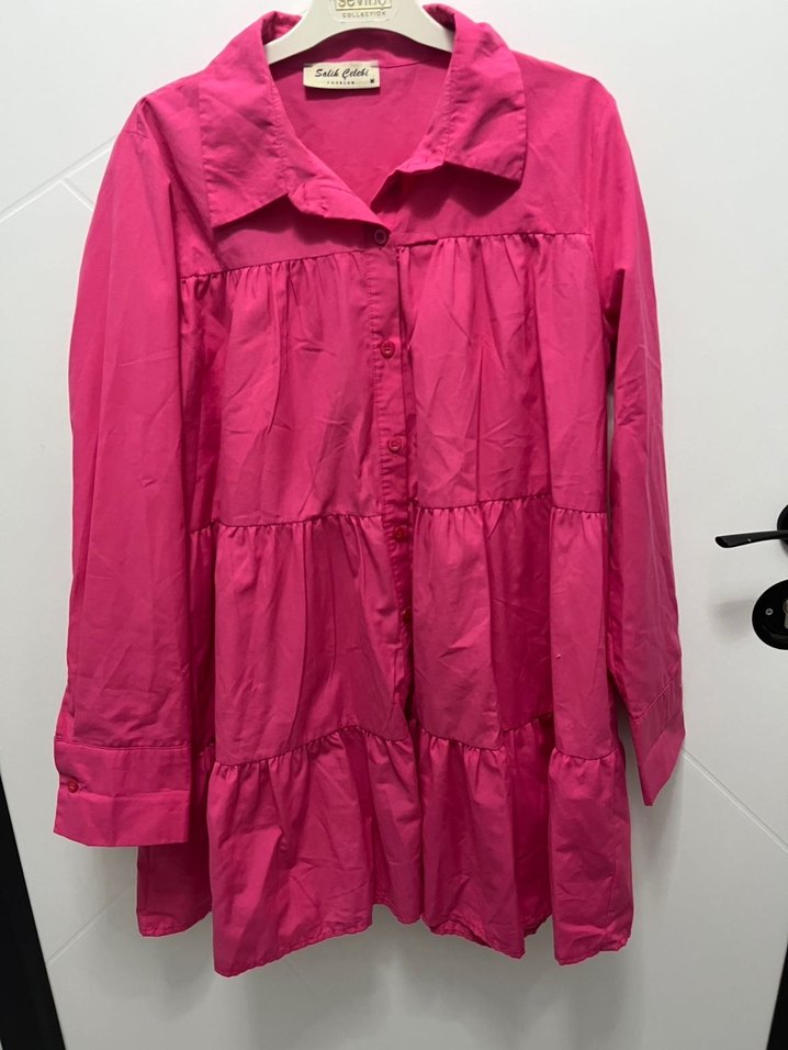 Pembe Uzun Kollu Fırfırlı Kadın Tunik - Görsel 2