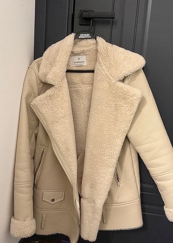 Bej Deri Kürklü Stradivarius mont kaban ceket - Görsel 2