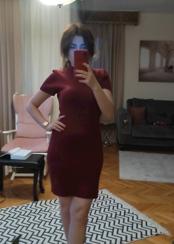 Bordo V Yaka Kısa Kollu Midi Elbise