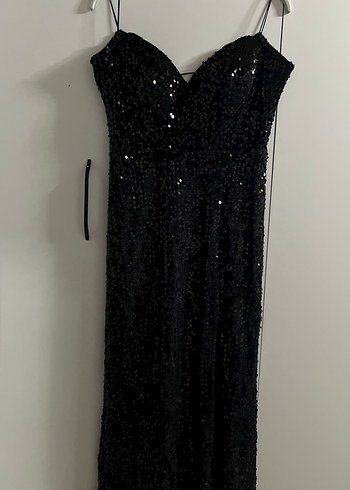 Siyah Parlak Yılan Desenli Uzun Abiye Elbise - Görsel 3