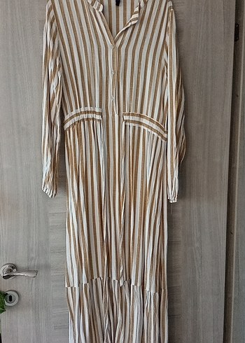 Bej Zebra Desenli Uzun Keten Elbise