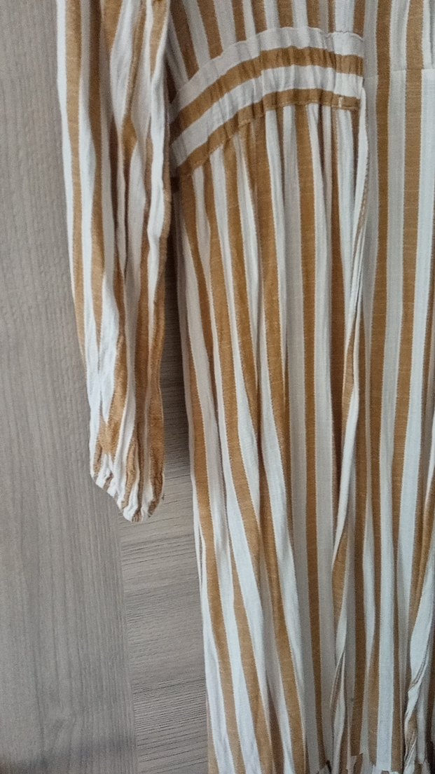 Bej Zebra Desenli Uzun Keten Elbise - Görsel 2