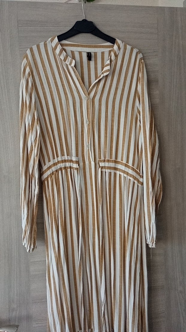 Bej Zebra Desenli Uzun Keten Elbise - Görsel 3