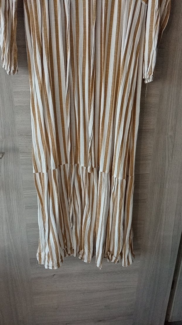 Bej Zebra Desenli Uzun Keten Elbise - Görsel 4