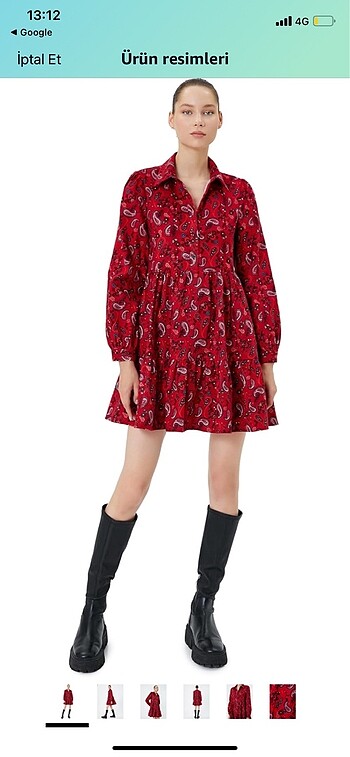 s Beden kırmızı Renk Koton gömlek yakalı çiçekli elbise