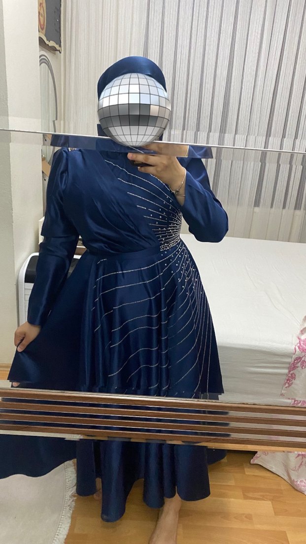 Uzun Lacivert Drapeli Abiye Elbise - Görsel 2