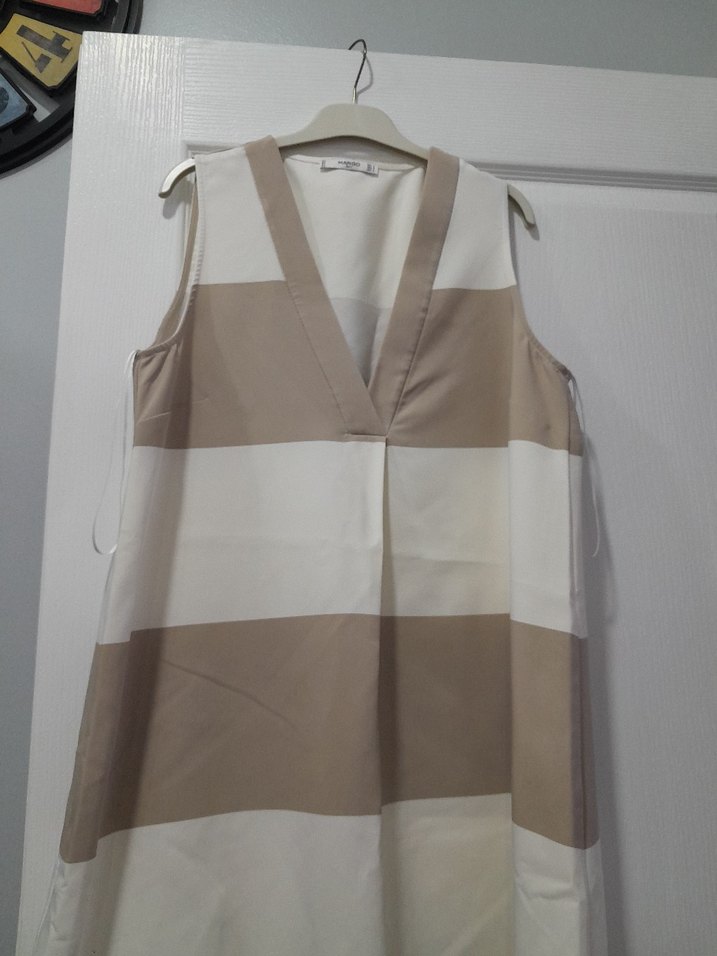 Bej Çizgili V Yakalı Midi Elbise - Görsel 4