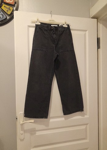 Siyah Bol Kesim Midi Kot Pantolon - Görsel 2