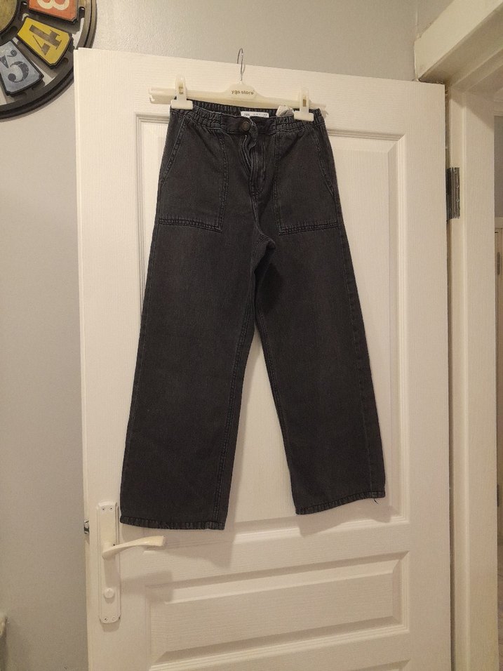 Siyah Bol Kesim Midi Kot Pantolon - Görsel 2