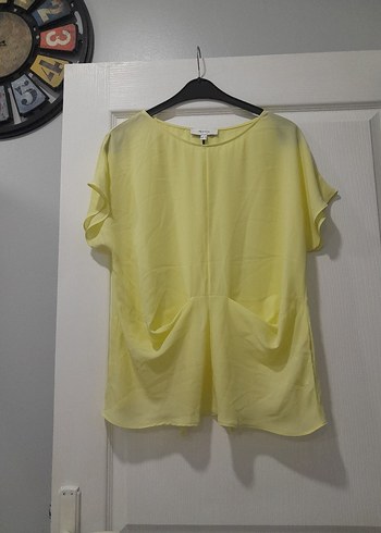 Sarı Kısa Kollu Salaş Keten Bluz - Görsel 2