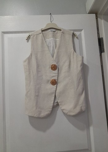 Bej Keten Düğmeli Kolsuz Yelek - Görsel 2