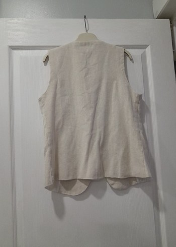 Bej Keten Düğmeli Kolsuz Yelek - Görsel 3