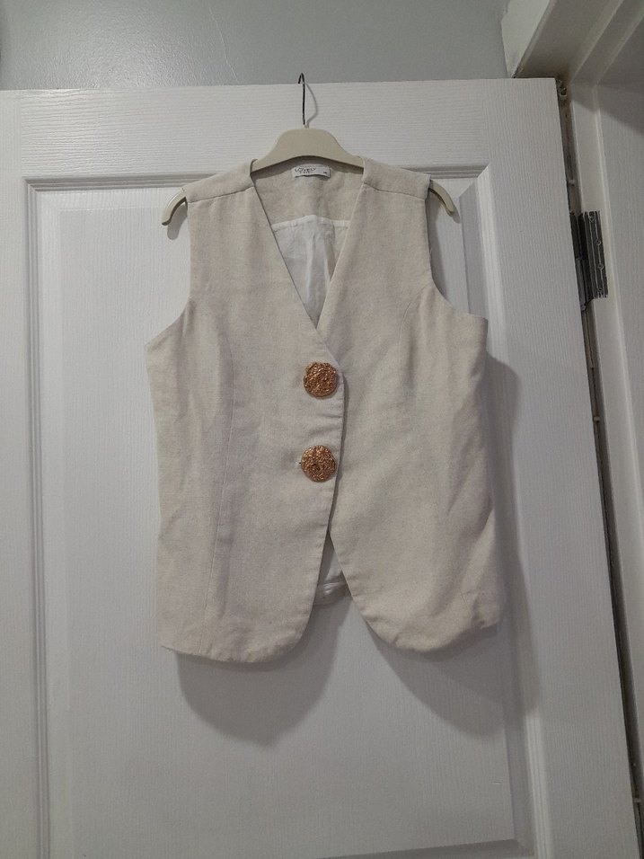 Bej Keten Düğmeli Kolsuz Yelek - Görsel 2