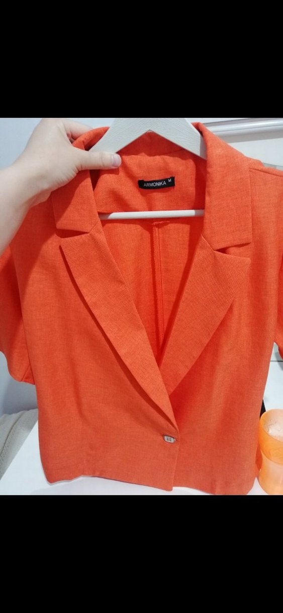 Turuncu Kısa Kollu Keten Kadın Gömlek - Görsel 2