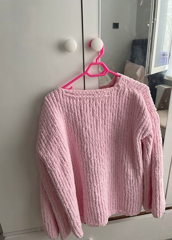 Pembe V Yaka Kadın Örgü Kazak - Görsel 3