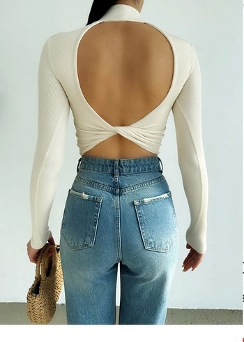 Zara Bej Kadın Triko Boğazlı Sırt dekolteli Crop Top