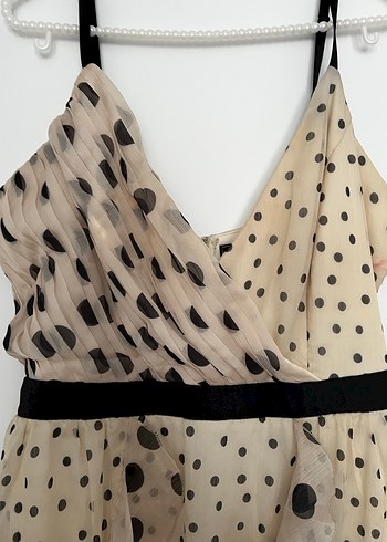 Bej Puantiyeli midi Askılı Elbise - Görsel 2