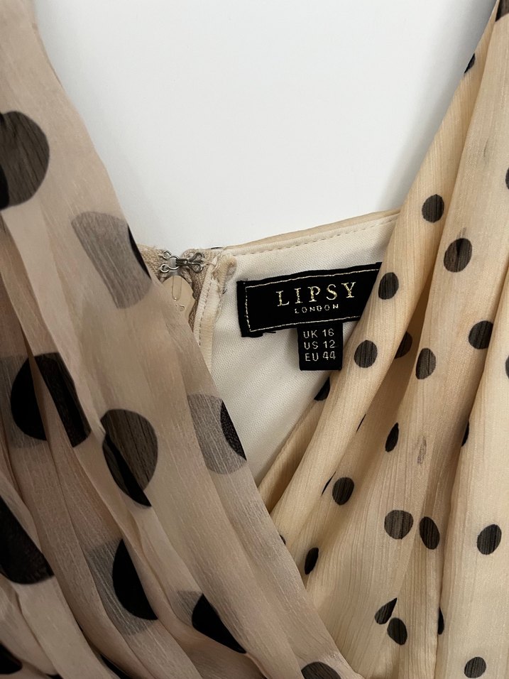 Bej Puantiyeli midi Askılı Elbise - Görsel 3