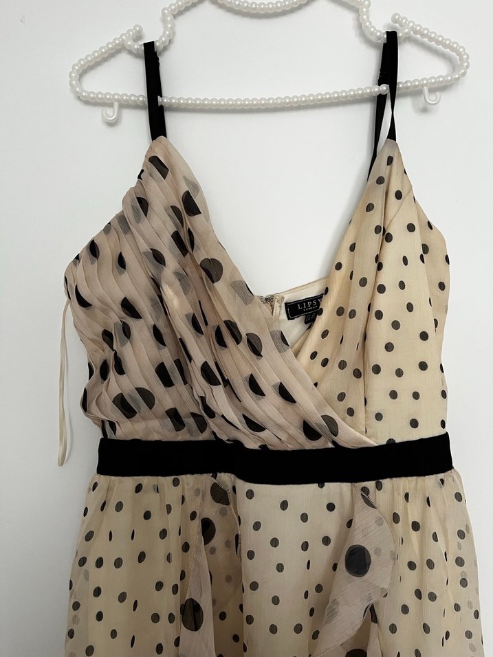 Bej Puantiyeli midi Askılı Elbise - Görsel 4