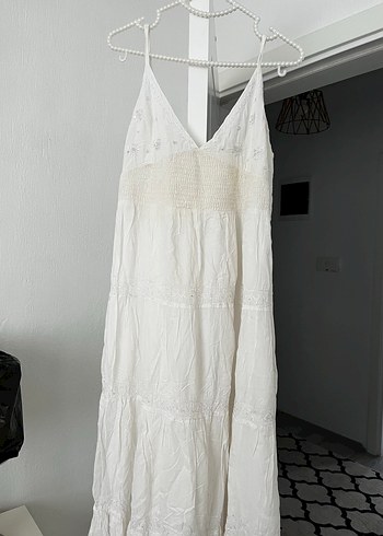 Boncuk İşlemeli Beyaz Uzun Keten Elbise - Görsel 4