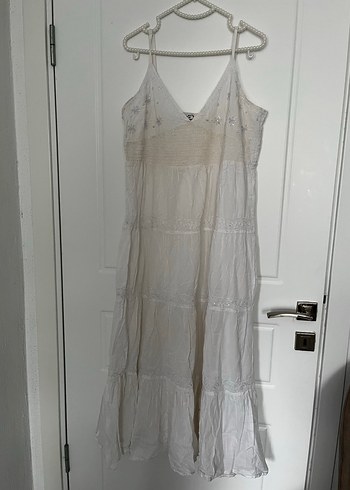 Boncuk İşlemeli Beyaz Uzun Keten Elbise - Görsel 2