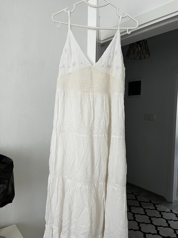 Boncuk İşlemeli Beyaz Uzun Keten Elbise - Görsel 4