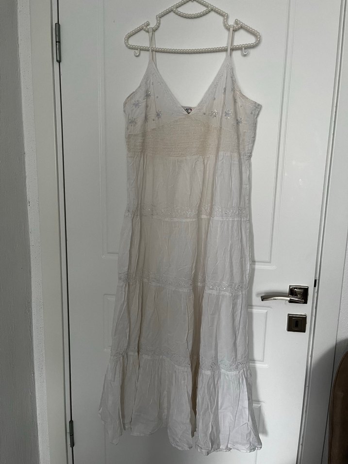 Boncuk İşlemeli Beyaz Uzun Keten Elbise - Görsel 2