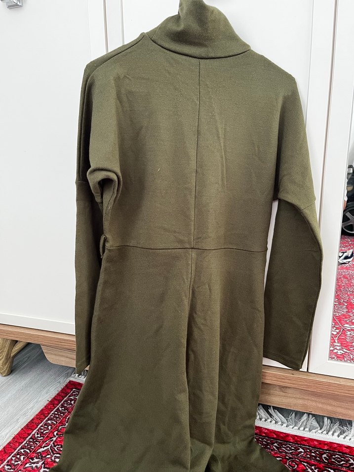 Kadın Haki Boğazlı Uzun Salaş Elbise - Görsel 2