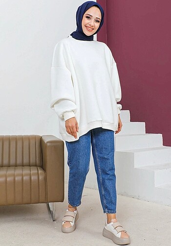 diğer Beden beyaz Renk Beyaz Oversize Üç İplik Şardonlu Sweatshirt