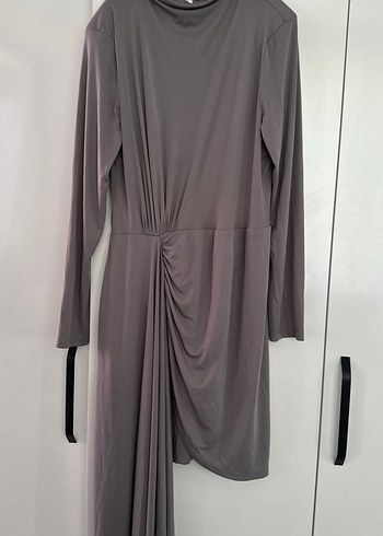 Zara Gri Drapeli Uzun Kollu Uzun Elbise