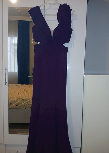 Mor Drapeli V Yaka Uzun Kadın Abiye Elbise - Görsel 5