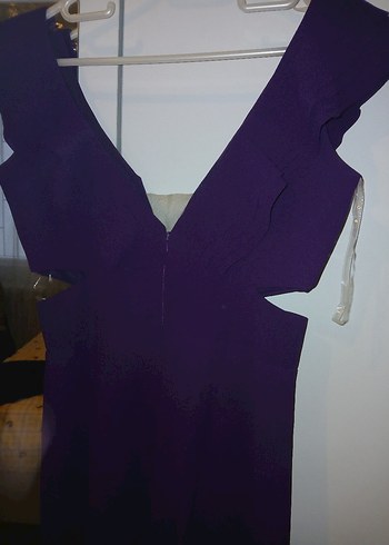 Mor Drapeli V Yaka Uzun Kadın Abiye Elbise - Görsel 3